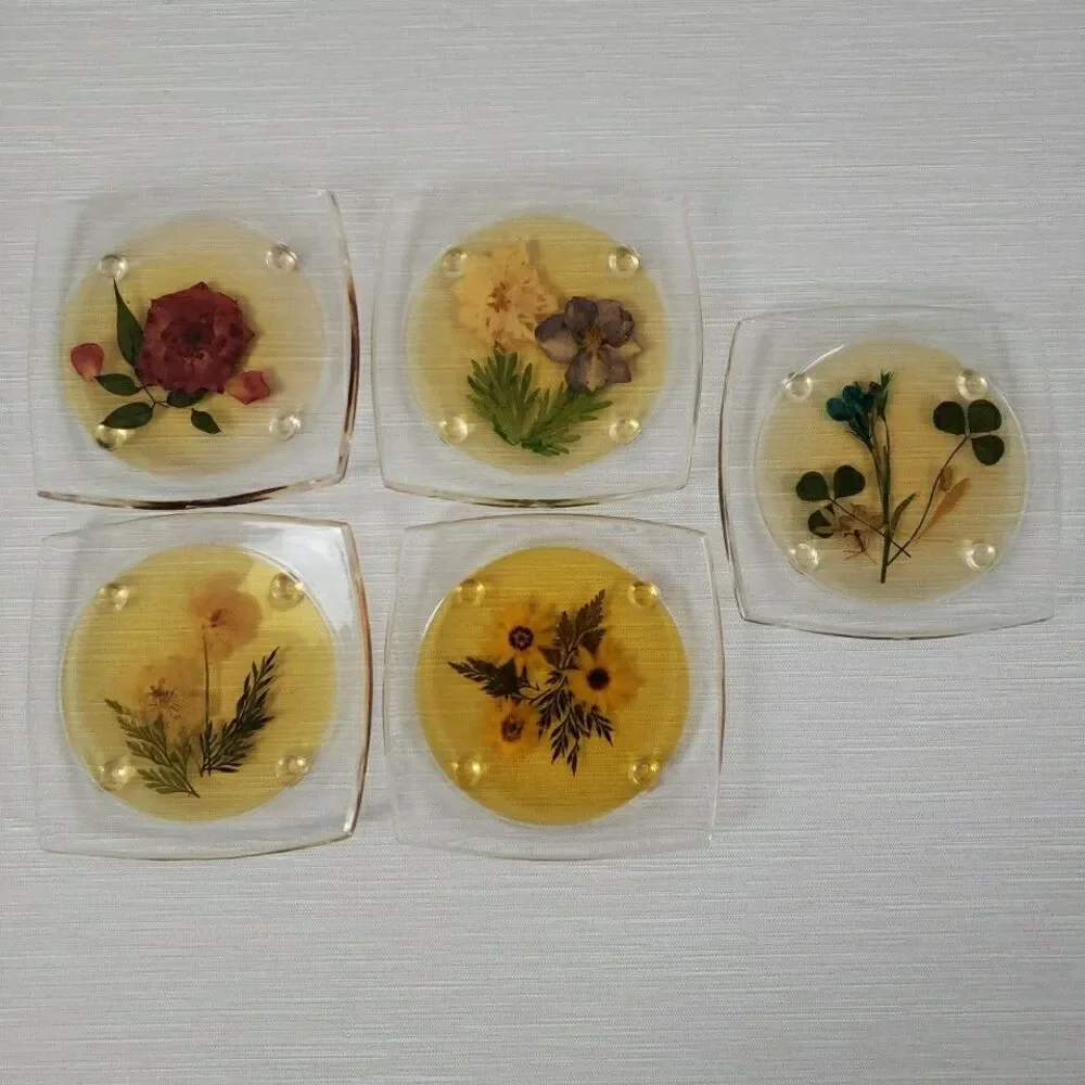 VTG 5 Clear Lucite Acrylic Coasters Pressed Flowers Clover Romantic Cottage MCM